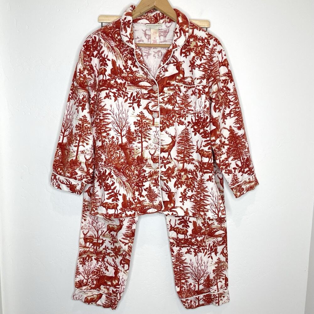 Pottery Barn Woodland Toile 2 Piece Pajama Set Womens XS Flannel Deer Rust White
